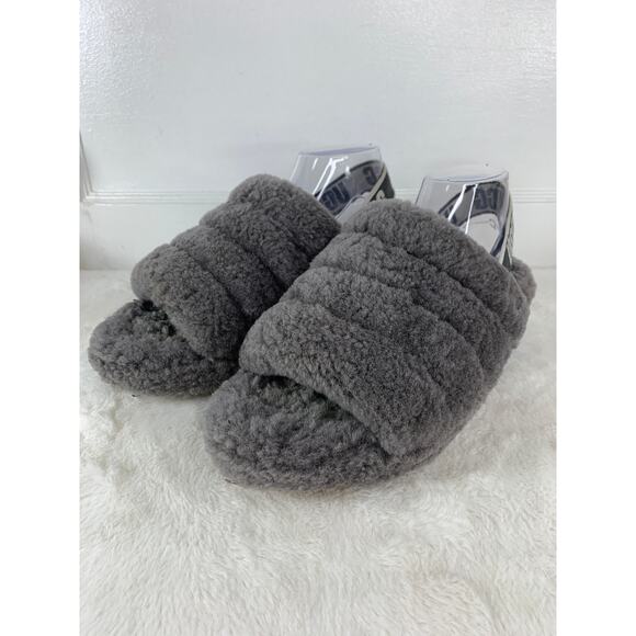 UGG Fluff Yeah Slides Women's Size 11 Charcoal Gray Fuzzy Sandals - Picture 1 of 9